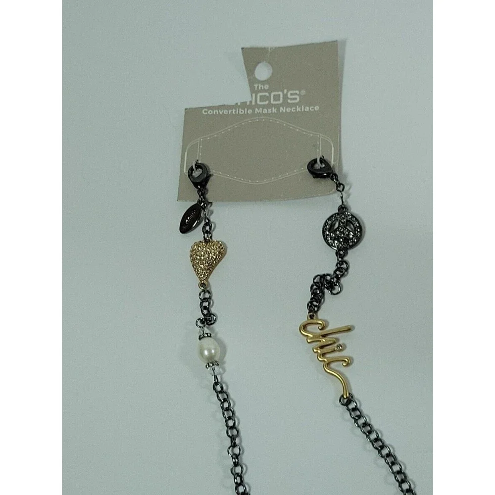 Chico's Gunmetal Heart Faux Pearl Peace Chic Convertible Mask Necklace-NWT